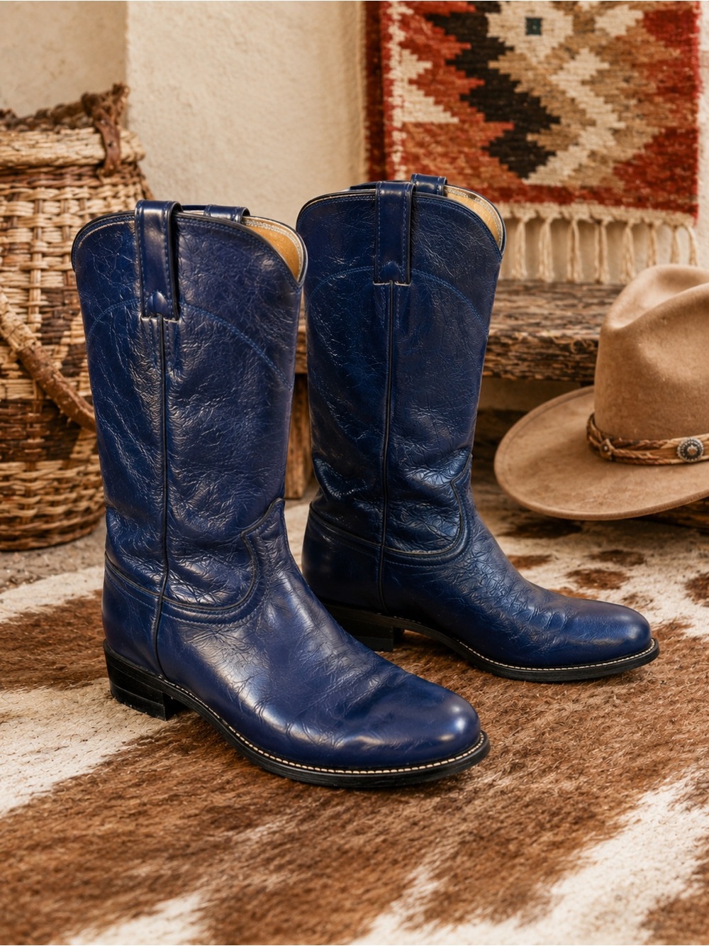 Vintage Justin L3744 Navy Blue Leather Roper Western Boots USA 8.5 B